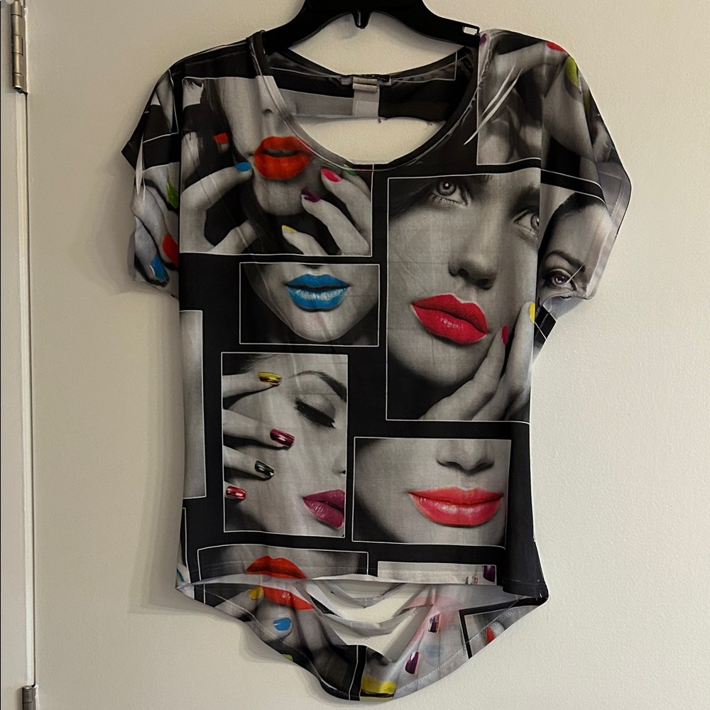 cleo Black Graphic Short Sleeve Top with Multicolor Lip and Nail Prints